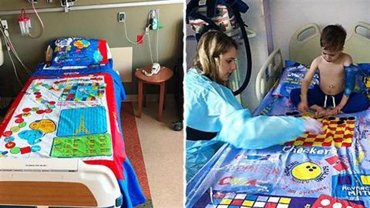 Μπαμπάς μετατρέπει τα σεντόνια του νοσοκομείου σε επιτραπέζια παιχνίδια για να παίζουν τα παιδιά