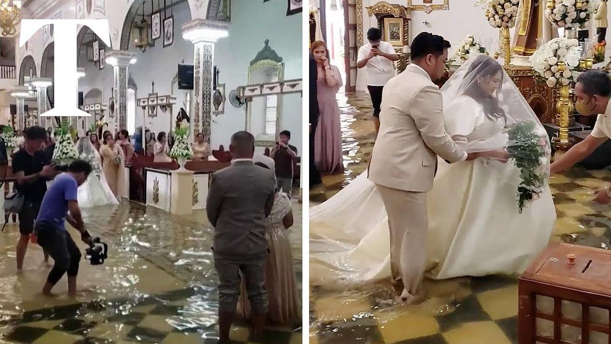 Αποφασισμένη νύφη αψήφησε τους τυφώνες και παντρεύτηκε σε πλημμυρισμένη εκκλησία