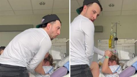 Μπαμπάς παθαίνει ναυτία και τελικά λιποθυμά ενώ βλέπει τη γυναίκα του να γεννά