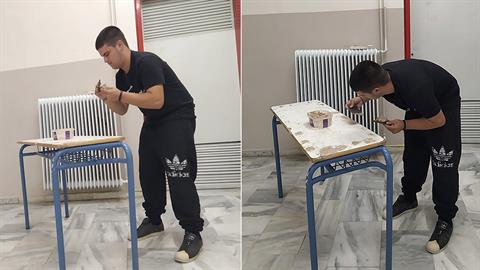 Μαθητής στο ΕΠΑΛ Τυρνάβου επισκευάζει θρανία στα κενά μεταξύ των μαθημάτων του