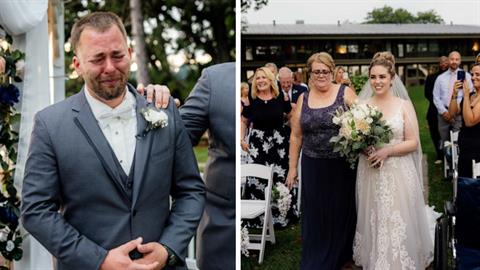 Γαμπρός βλέπει την αγαπημένη του με το νυφικό και ξεσπάει σε κλάματα χαράς!