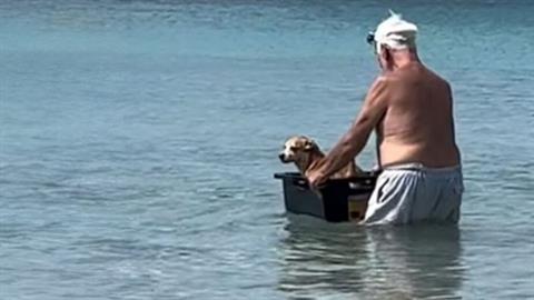 Τρυφερός παππούλης κάνει... βαρκάδα τον σκύλο του σε παραλία στο Αγκίστρι!